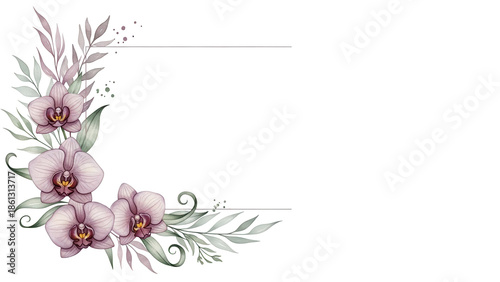 Luxury watercolor corner frame with orchids and delicate foliage in a sophisticated mauve scheme isolated on white background