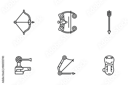 Archery equipment and professional bow hunting line icons