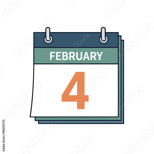 This clean minimalist graphic illustration precisely depicts a calendar page marking February fourth, essential for various scheduling and important