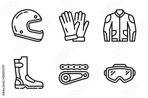 Motorcycle racing safety gear and protective clothing icons
