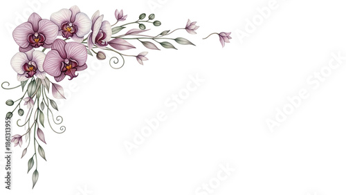 Luxury watercolor corner frame with orchids and delicate foliage in a sophisticated mauve scheme isolated on white background
