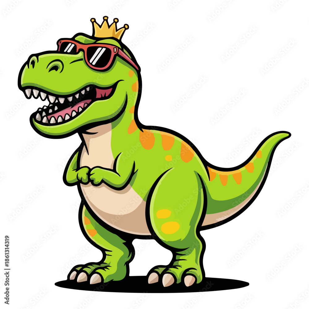 Fototapeta premium T-Rex Dinosaur Mascot Wearing a Golden Crown – Cute Green Cartoon Tyrannosaurus Character for Kids Artwork, Stickers, and Branding