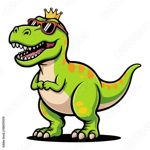 T-Rex Dinosaur Mascot Wearing a Golden Crown – Cute Green Cartoon Tyrannosaurus Character for Kids Artwork, Stickers, and Branding