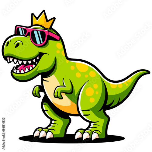 T-Rex Dinosaur Wearing Sunglasses and Crown – Fun Cartoon Tyrannosaurus Character for Kids, Stickers, Merch, and Branding Designs