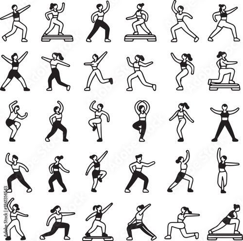 Aerobic Exercise and Step Workout Icon Set for Cardio Fitness Dance and Women Athletic Training Design
