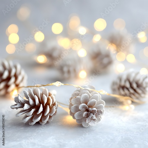 Frosted pinecones glowing under golden fairy lights