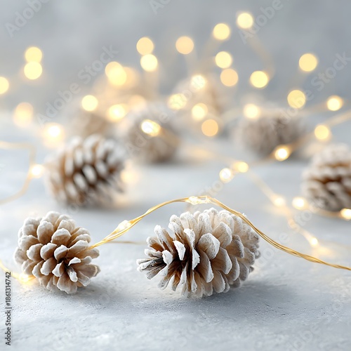 Frosted pinecones glowing under golden fairy lights