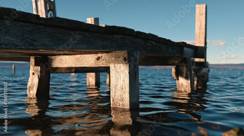 scenic coastal view with a rustic pier sign reflecting stability and financial security