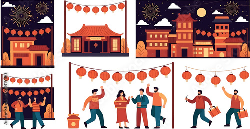 A vector illustration set depicting a Chinese New Year celebration with people dancing and lanterns in a vibrant, festive scene.
