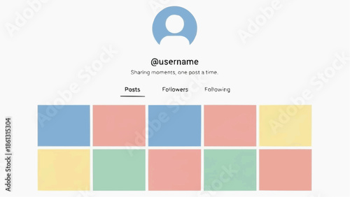 A generic social media profile page with a placeholder user icon, username, bio, and a grid of colorful post placeholders.
