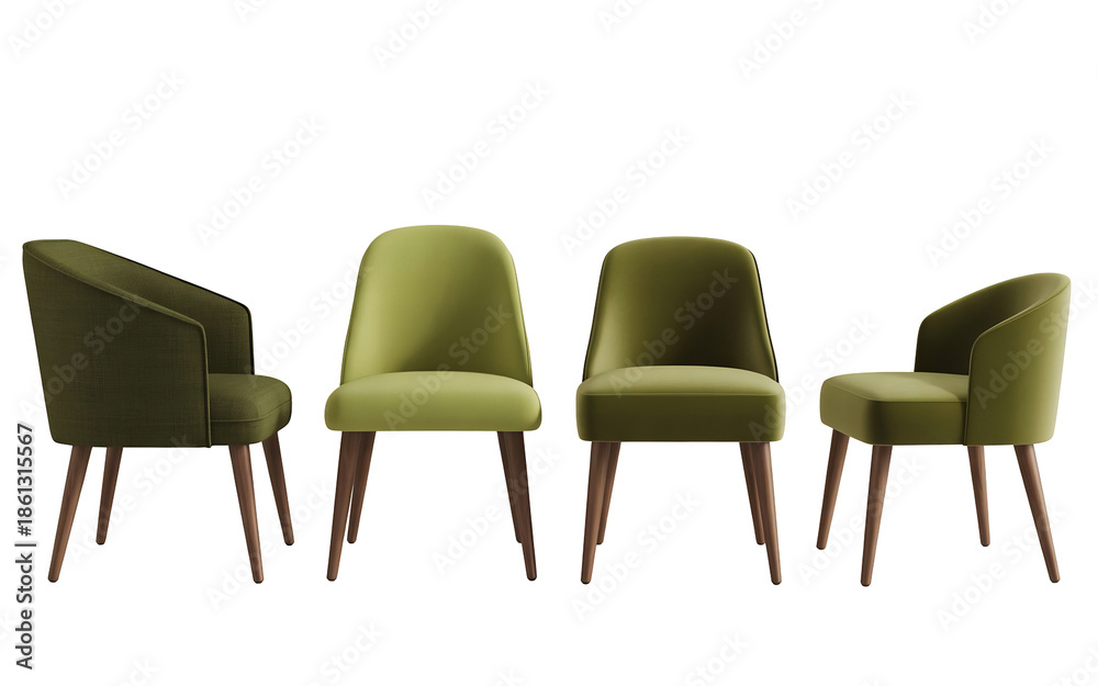 Obraz premium A row of four stylish modern upholstered dining chairs with wooden legs in varying green tones studio shot, isolated on transparent background