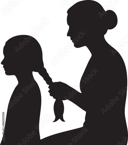 Mother brushing daughter's hair isolated on transparent background