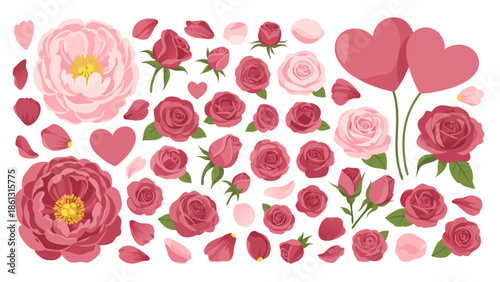 Romantic Peony and Rose Vector Illustration with Heart Shapes, Perfect for Valentine's Day or Wedding Designs