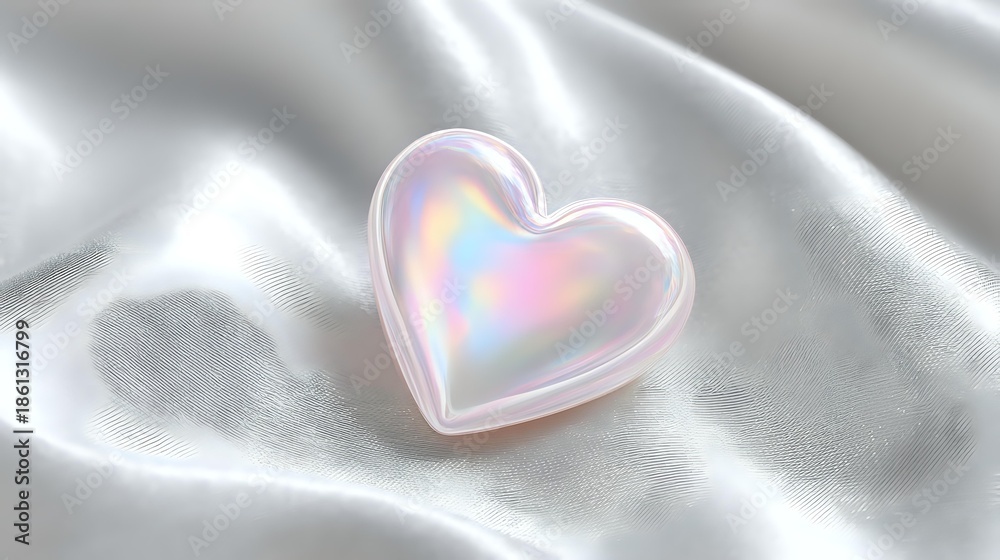 Fototapeta premium Holographic heart shape with iridescent rainbow colors on soft white silk fabric background for romantic design projects and love-themed decorations.