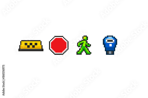 Pixel art icons of a taxi, stop sign, pedestrian, and parking meter