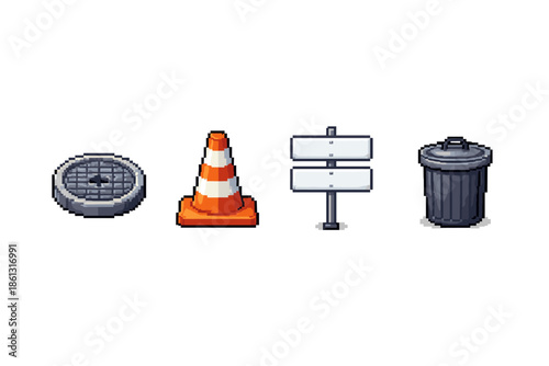 Pixel art icons of urban street furniture and construction elements