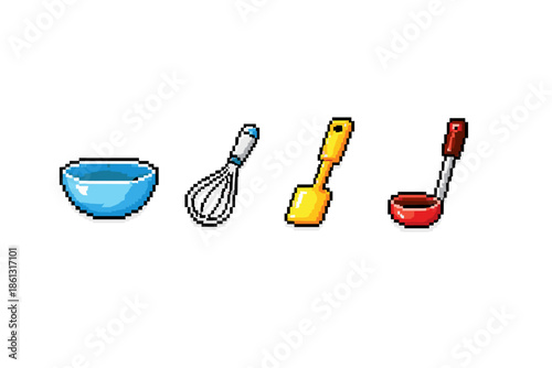 Pixel art kitchen utensils including a bowl, whisk, spatula, and ladle