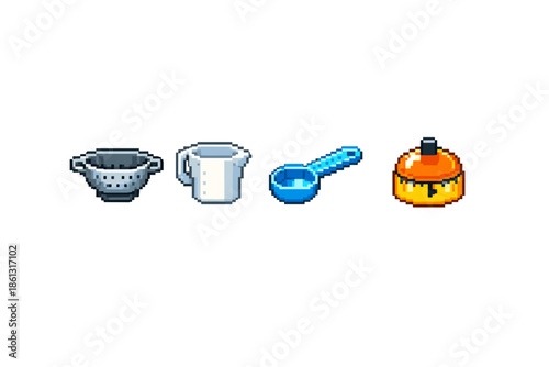 Pixel art collection of kitchen utensils including a colander, measuring cup, scoop, and timer