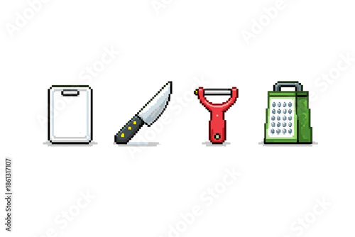 Pixel art kitchen utensils including a cutting board, knife, peeler, and grater