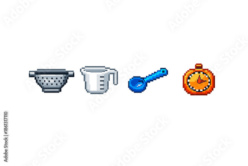 Pixel art icons of kitchen utensils: colander, measuring cup, spoon, and timer