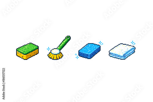 Pixel art cleaning supplies including sponges, brush, and towel on white background