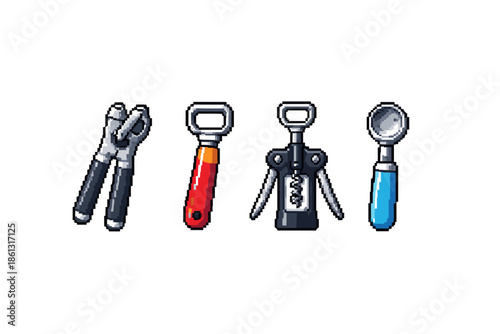 Pixel art collection of kitchen gadgets including a corkscrew and bottle opener