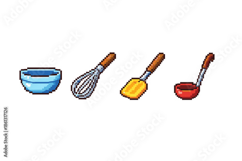 Pixel art kitchen utensils including a bowl, whisk, spatula, and ladle on white background