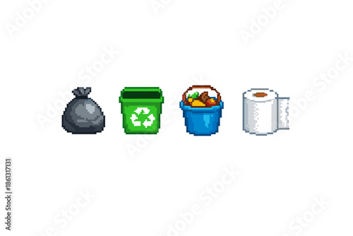 Pixel art icons of a trash bag, recycling bin, bucket of trash, and toilet paper roll