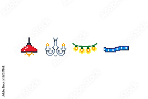 Pixel art collection of various lighting fixtures including a chandelier and string lights