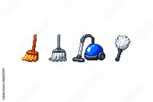 Pixel art cleaning tools including a broom, mop, vacuum, and duster on white