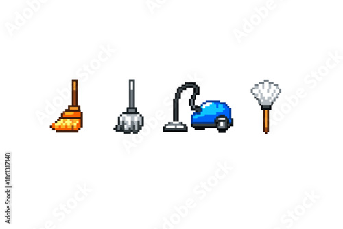 Pixel art cleaning tools including a broom, mop, vacuum, and duster on white background
