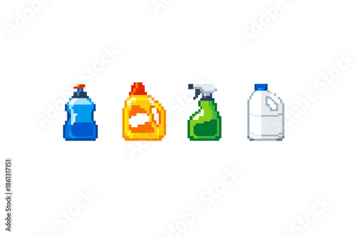 Pixel art collection of four different cleaning product bottles on a white background