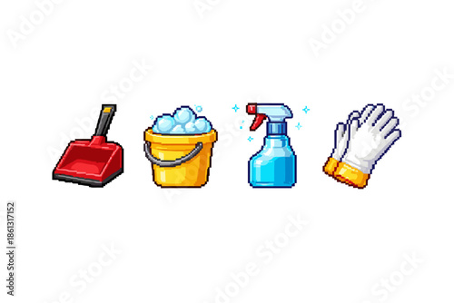 Pixel art cleaning supplies: dustpan, bucket with bubbles, spray bottle, and gloves