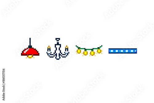 Pixel art icons of various lighting fixtures including a pendant lamp, chandelier, string lights, and LED strip