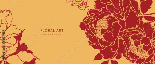 Luxury golden Chinese floral background with hand drawn red peonies. Vector design template for card, wall poster, business card, flyer, banner, wedding invitation, cover