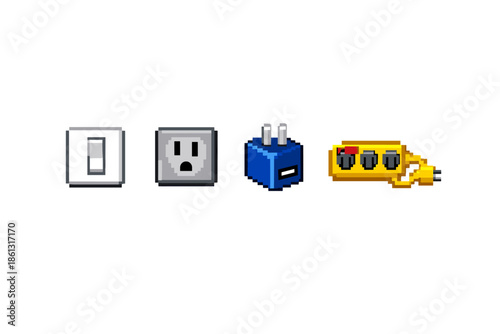 Pixel art icons of electrical components: switch, outlet, plug, and power strip