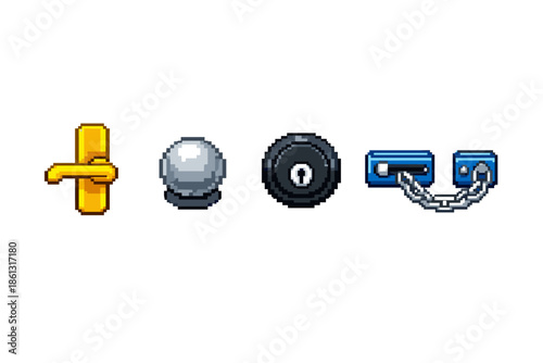 Pixel art icons of security and access elements: door handle, knob, lock, and chain