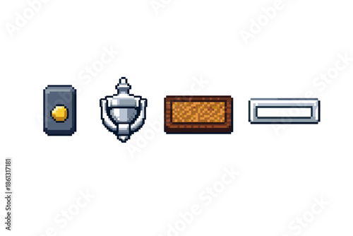 Pixel art icons for door accessories: doorbell, knocker, mat, and slot