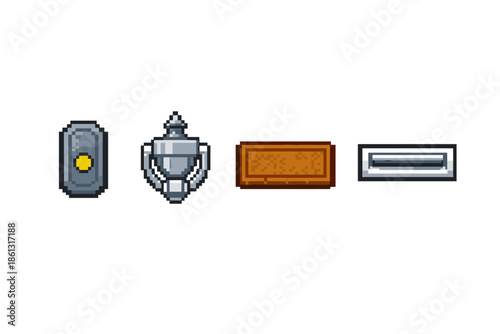 Pixel art collection of door accessories: doorbell, knocker, mat, and slot