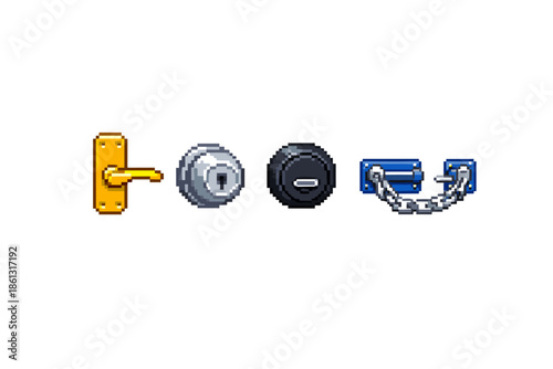 Pixel art icons of various door locks and security hardware on a white background