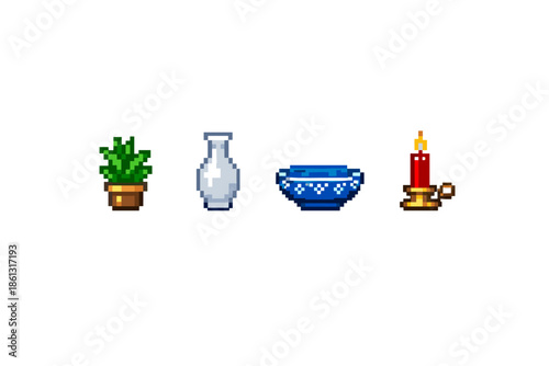 Pixel art collection of a potted plant, vase, bowl, and candle on white background
