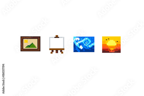 Pixel art icons representing art, creativity, and nature scenes