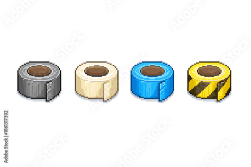 Pixel art isometric rolls of tape: duct, masking, blue, and hazard warning