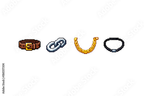 Pixel art icons of a belt, chain, necklace, and collar on a white background
