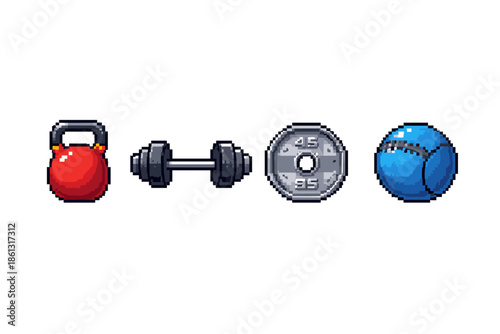 Pixel art fitness equipment including kettlebell, dumbbell, weight plate, and medicine ball