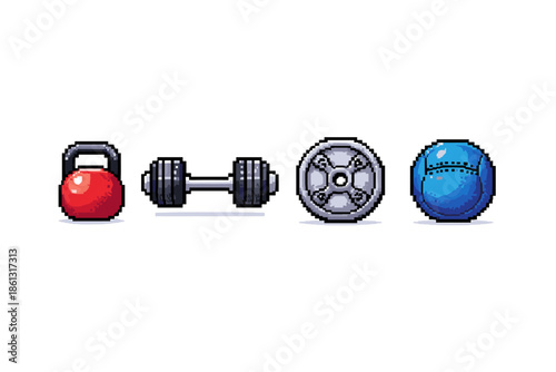 Pixel art fitness equipment including kettlebell, dumbbell, weight plate, and medicine ball