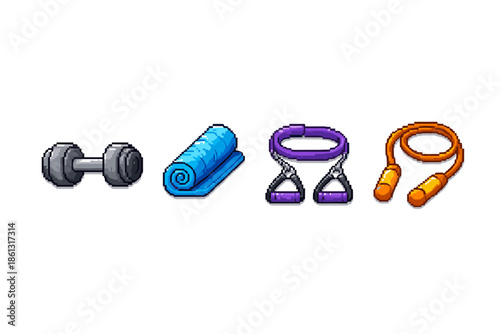 Pixel art fitness equipment set: dumbbell, yoga mat, resistance bands, and jump rope