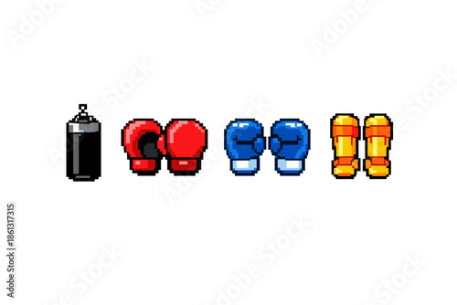 Pixel art boxing equipment including punching bag, red and blue gloves, and shin guards
