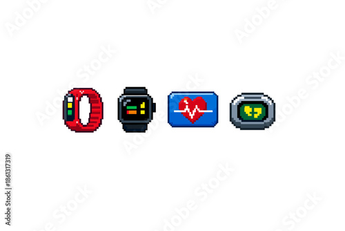 Pixel art icons of wearable fitness trackers and health monitoring devices