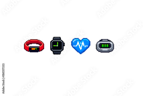 Pixel art icons of fitness trackers, smartwatch, heart rate and health monitor